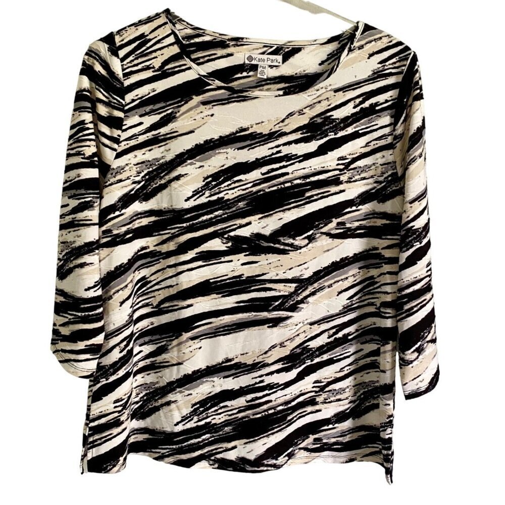 Kate Park 3/4 Sleeves Top Jacquard Black White Design Women's Petite Medium